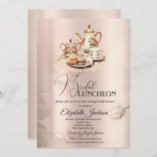 Theeset Chique Rozen Bruids Luncheon Kaart (Voorkant / Achterkant)