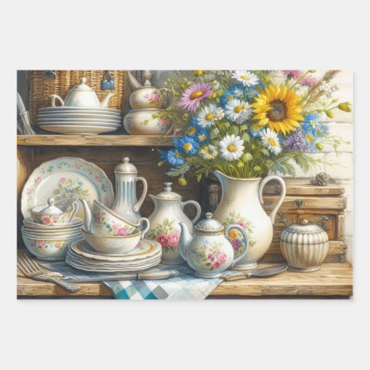 theeset en wilde bloemen inpakpapier vel (Voorkant 2)