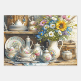 theeset en wilde bloemen inpakpapier vel