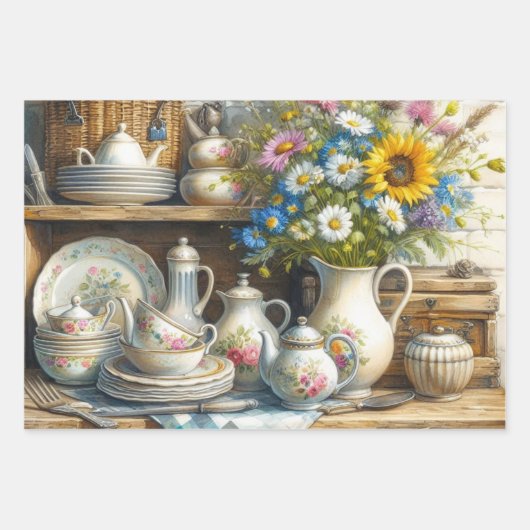 theeset en wilde bloemen inpakpapier vel (Voorkant)