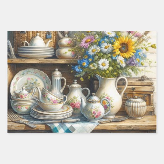  theeset en wilde bloemen inpakpapier vel (Voorkant 3)