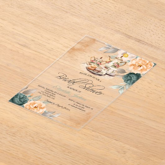 Theeset Groene Rozen Vrijgezellenfeest Acryl Uitnodigingen (Laagn)