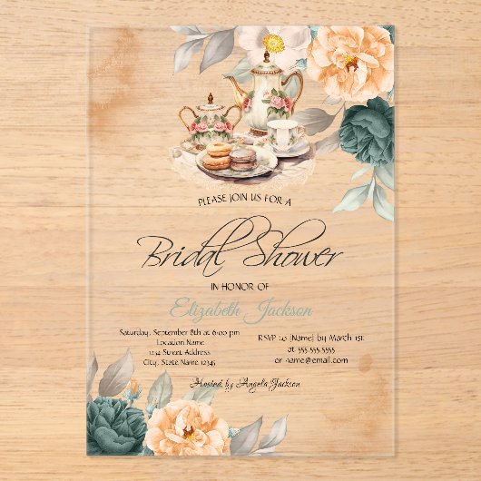 Theeset Groene Rozen Vrijgezellenfeest Acryl Uitnodigingen (Voorkant)