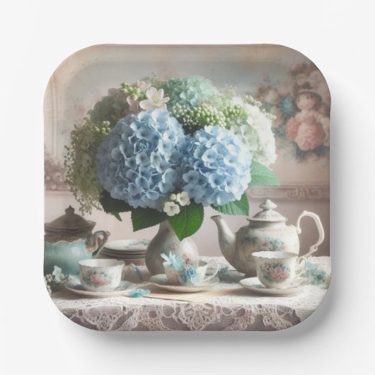  theetijd Blue Hydrangea Flower Papieren Bordje (Voorkant)