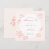 Theetijd Bruiloftsfeest Handgetekende Roze Kaart (Voorkant / Achterkant)