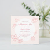 Theetijd Bruiloftsfeest Handgetekende Roze Kaart (Staand voorkant)