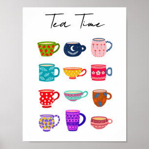 Theetijd Fel Waterverf Kopjes Kleurrijke Keuken  Poster