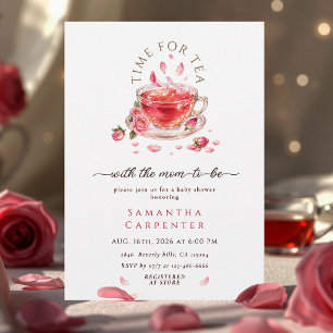 Theetijd glazen theekopje roze rozen babyshower kaart