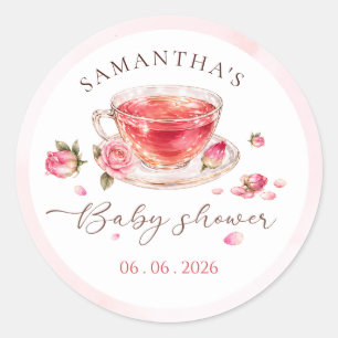 Theetijd glazen theekopje rozen babyshower ronde sticker