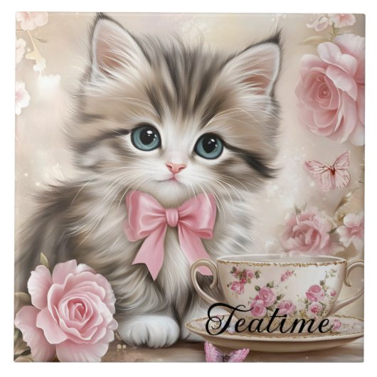 Theetijd Kitten  Tegeltje (Voorkant)