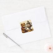 Theetijd met beer vierkante sticker (Envelop)