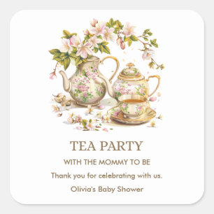 Theetijd met bloemenvase Theepartij Baby Shower  Vierkante Sticker