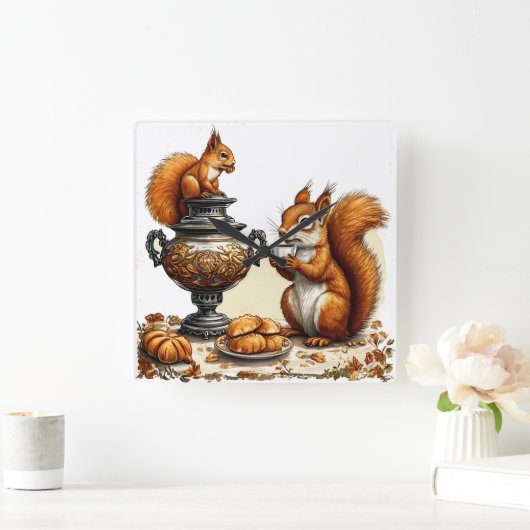 Theetijd met eekhoorns vierkante klok (Huis)