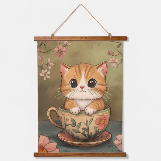 Theetijd met een Tiny Kitten Hangend Wandkleed (Voorkant)