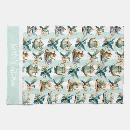 Theetijd met kolibries monogram theedoek (Horizontaal)