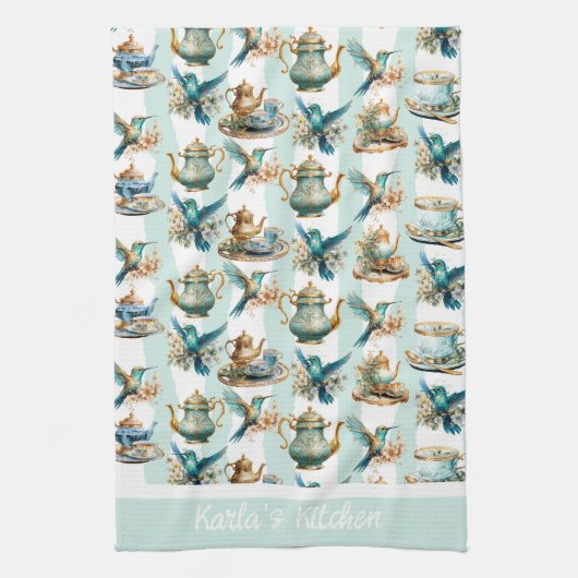 Theetijd met kolibries monogram theedoek (Verticaal)