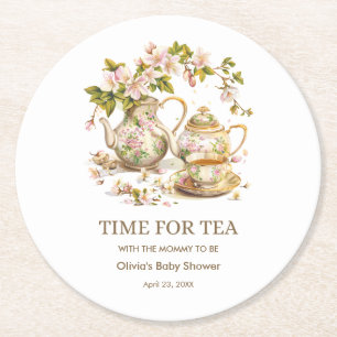 Theetijd met Theepot Baby Shower Ronde Kartonnen Onderzetter
