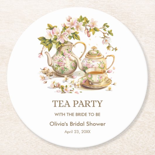 Theetijd met Theepot Bruidsborrel Ronde Kartonnen Onderzetter (Voorkant)