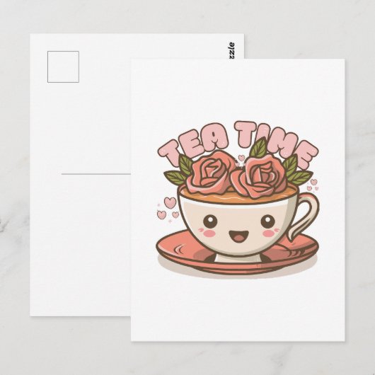 Theetijd Rozen Thee Kawaii Briefkaart (Voorkant / Achterkant)