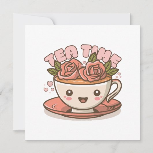 Theetijd Rozen Thee Kawaii Kaart (Voorkant)