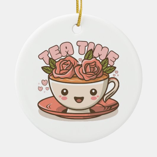 Theetijd Rozen Thee Kawaii Keramisch Ornament (Voorkant)