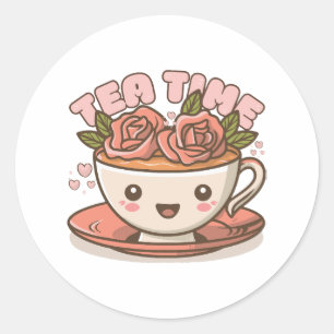 Theetijd Rozen Thee Kawaii Ronde Sticker