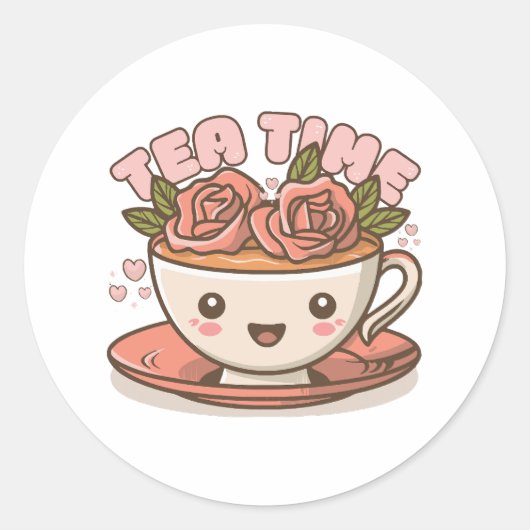 Theetijd Rozen Thee Kawaii Ronde Sticker (Voorkant)