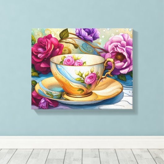 Theetijd - Tea Cup Kunst Canvas Afdruk (Insitu (Houten vloer))