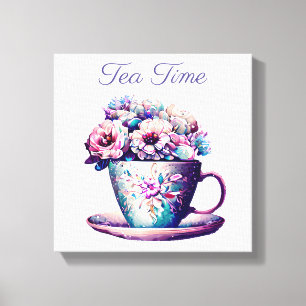 theetijd     Tea Cup vol met bloemen Canvas Afdruk