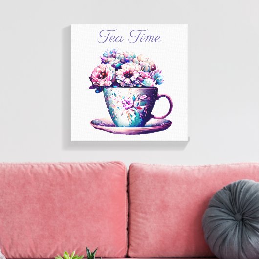 theetijd | Tea Cup vol met bloemen Canvas Afdruk (Insitu (Woonkamer))