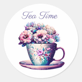 theetijd |   Tea Cup vol met bloemen Ronde Sticker