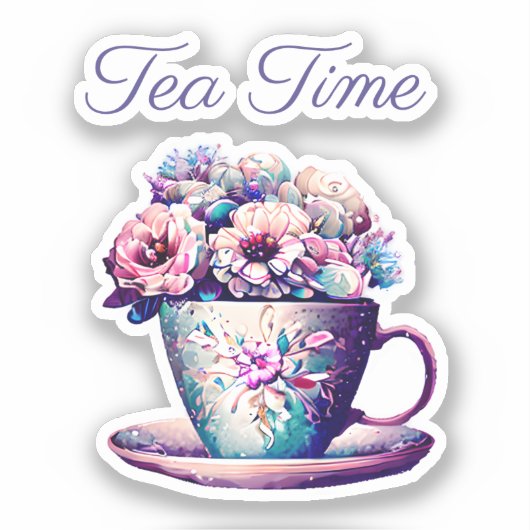 theetijd |   Tea Cup vol met bloemen Sticker (Voorkant)