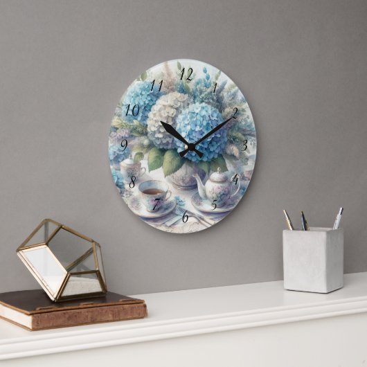 Theetijd Theepot en Blauwe Hydrangia Wandklok (Kantoor)