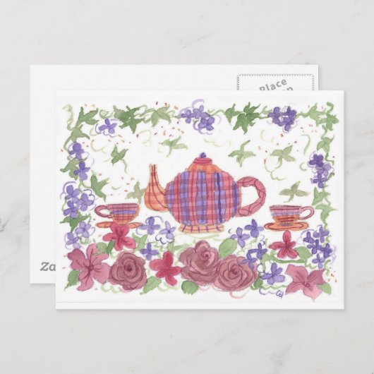 Theetijd theepot en bloemen Briefkaart (Voorkant / Achterkant)