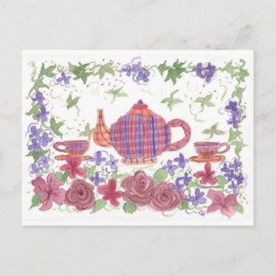 Theetijd theepot en bloemen Briefkaart