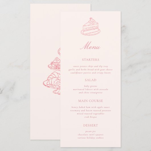 Theetijd Trouwfeest Handgetekende Roze Bruiloft Menu (Voorkant / Achterkant)