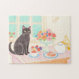 Theetijd Zwarte Kat Puzzel – Cozy Winter Cadeau Id