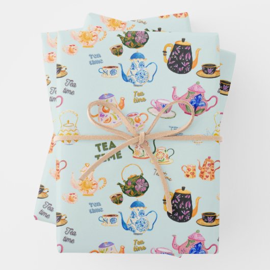 theetijdpatroon - theekopjes en theepot in inpakpapier vel (In situ)