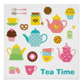 Theetijdposter – Mooie Pastel Theepotten & Snoepje Perfect Poster