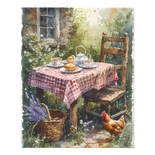 Theetuin Waterverf Ochtend in Cottage Stijl Foto Afdruk