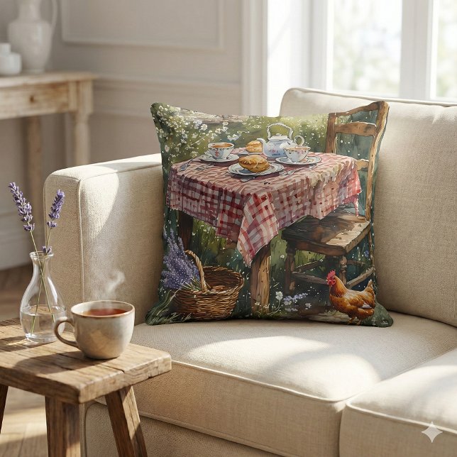 Theetuin Waterverf Ochtend in Cottage Stijl Kussen (Cottage Garden Tea Morning Watercolor Throw Pillow Mockup 2)