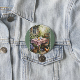 Theetuin Waterverf Ochtend in Cottage Stijl Ronde Button 7,6 Cm