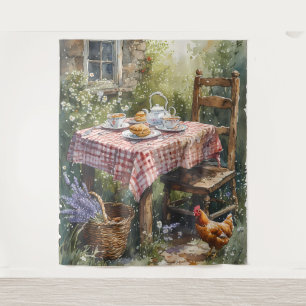 Theetuin Waterverf Ochtend in Cottage Stijl Wandkleed