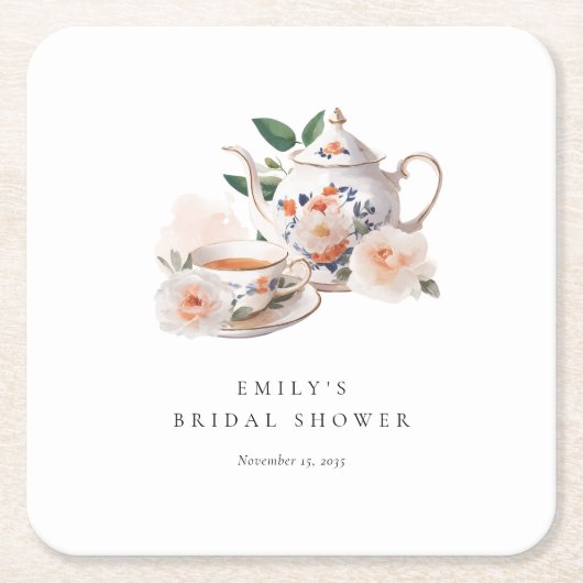 Theevisite Elegante Bruids-Shower Kartonnen Onderzetters (Voorkant)