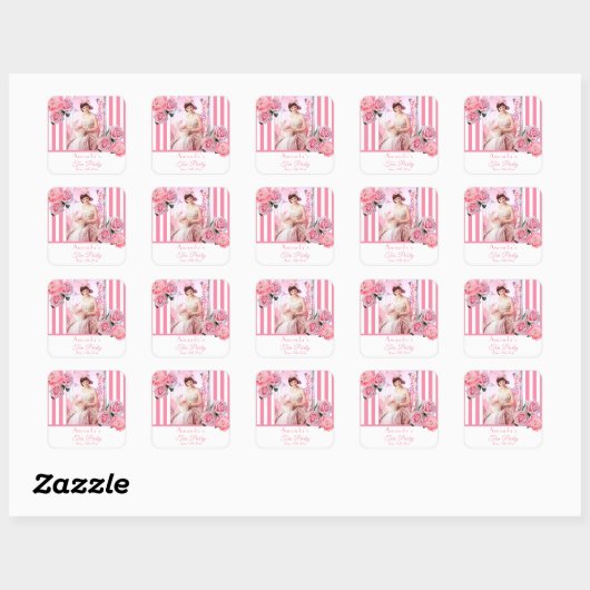Theevisite foto roze witte strepen bloemen vierkante sticker (Vel)