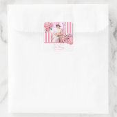Theevisite foto roze witte strepen bloemen vierkante sticker (Tas)
