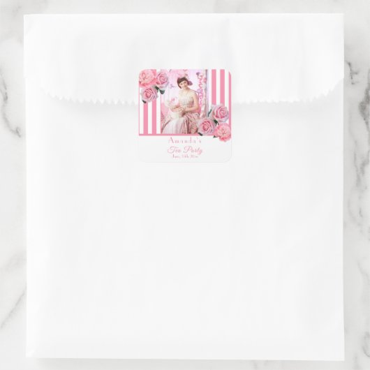 Theevisite foto roze witte strepen bloemen vierkante sticker (Tas)
