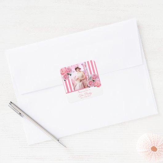 Theevisite foto roze witte strepen bloemen vierkante sticker (Envelop)