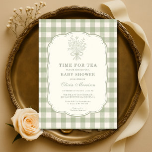 Theevisite Gingham Bloemen Salie Groen Baby Shower Kaart