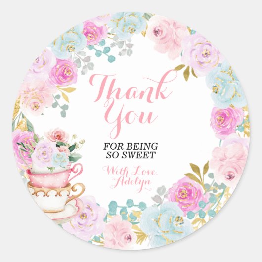 Theevisite Pastel Bloemen Bedankt voor uw komst Ronde Sticker (Voorkant)